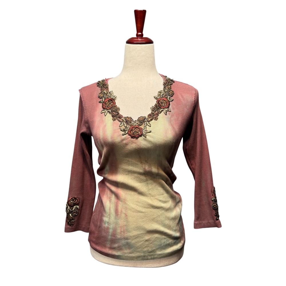 Vtg Y2K David Cline Rose Floral Beaded Tie Dye Ribbed Knit Top M Boho Fairycore